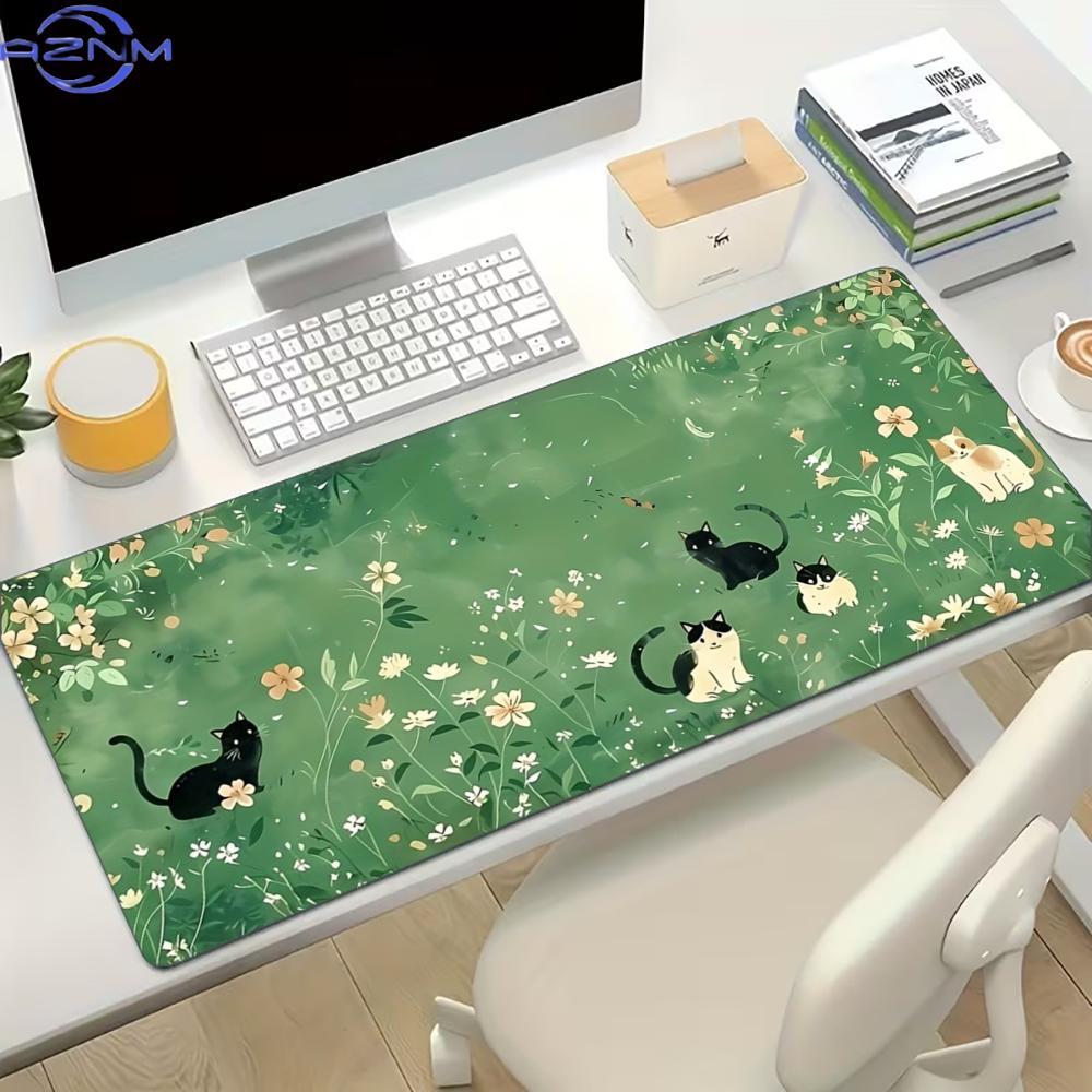 Desk Setup For Work - Floral Cute Cat Large Gaming Mouse