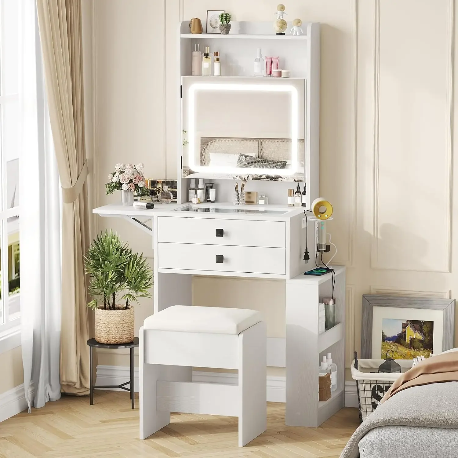 Desk Vanity Setup - Small Makeup Vanity Desk with Three