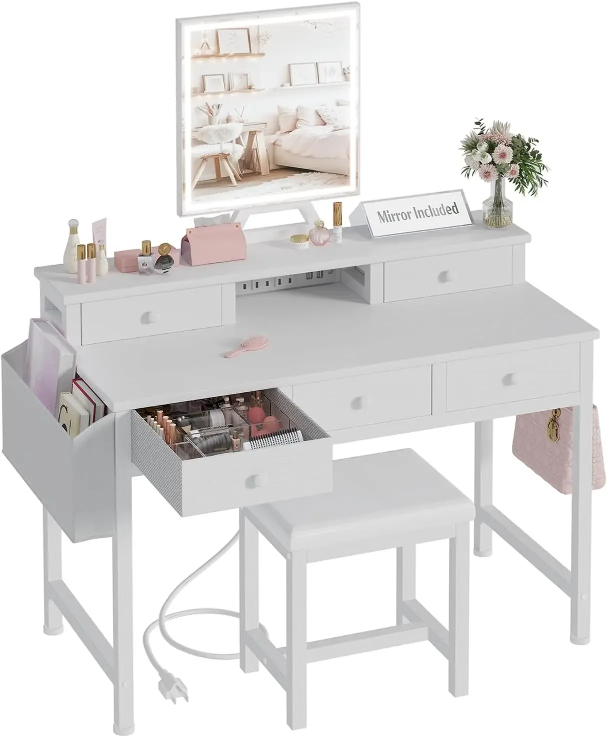 Desk Vanity Setup - White Makeup Vanity Desk with Mirror
